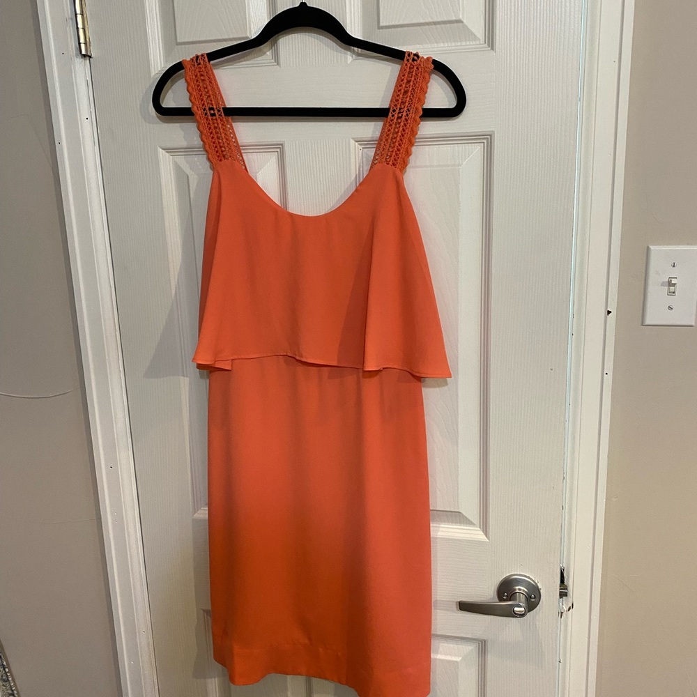 Coral summer dress with crocheted straps